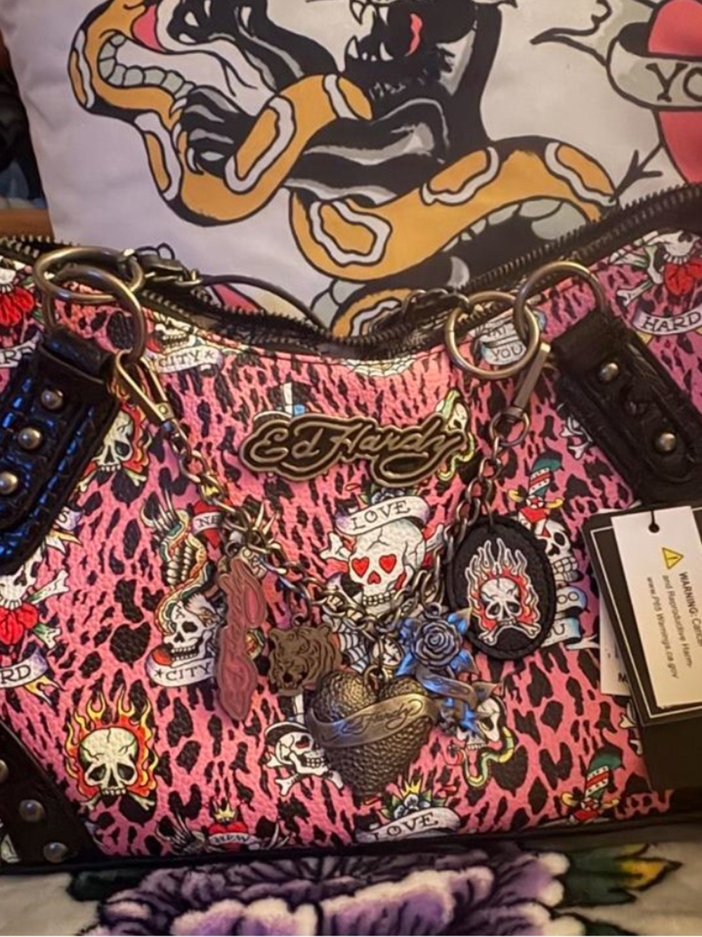 Ed Hardy Pink Skull & Heart Print Shoulder Bag with Gold Logo
